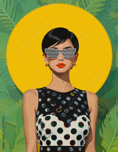 Chic woman in stylish fashion with bold sunglasses against a vibrant tropical background