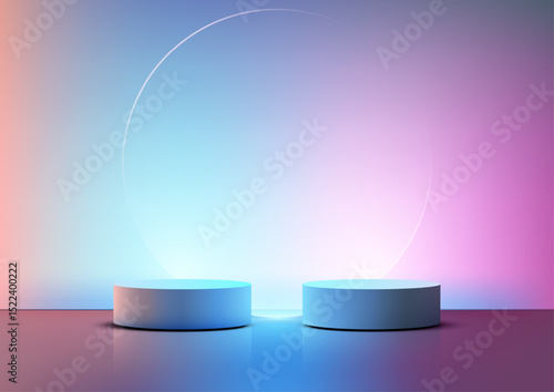 modern technolog blue pedestal display on a reflective surface bathed in soft glowing light, a transparent circle on gradient blue peach violet backdrop
