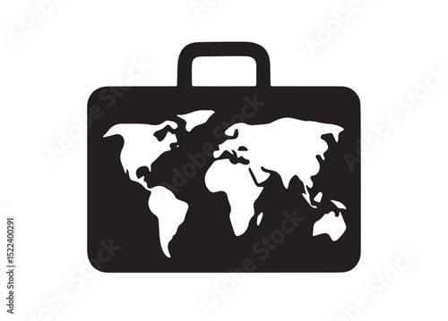 Black silhouette suitcase with world map design, bag luggage logo icon symbol, clip art logotype