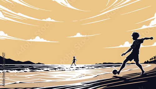 Silhouette of a boy playing soccer on the beach while a girl walks along the shore at sunset