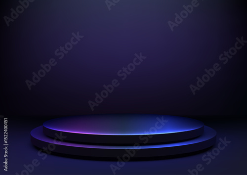 minimalist 3d circular podium with blue pink gradient light on dark purple background technology concept product display mockup
