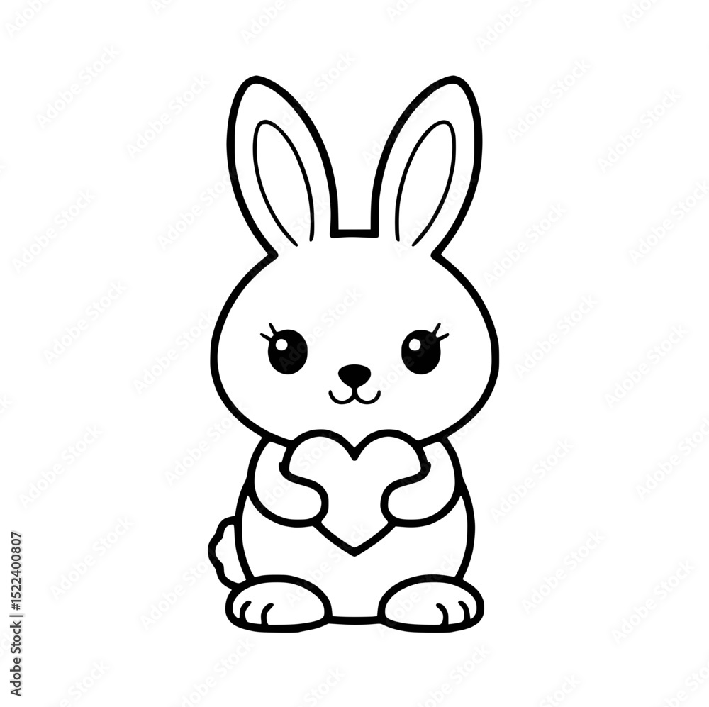 Fototapeta premium Cute bunny holding heart black and white cartoon illustration
