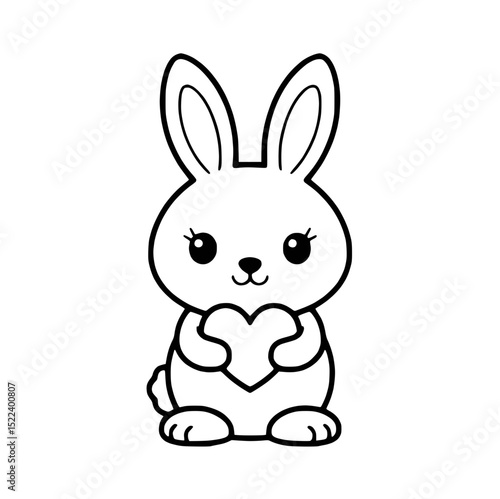 Cute bunny holding heart black and white cartoon illustration