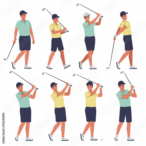 Golf players in action, practicing golf swings