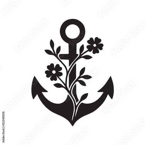 Beautiful decorated anchor with flower leaf black silhouette design, elegant floral decoration logo icon, clip art 