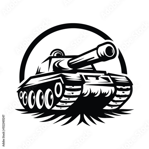 Powerful Tank Illustration, Black and White, Military Vehicle, Circular Shape Element