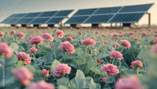 Wallpaper Mural Vibrant pink flowers with dew drops in a green field under solar panels reflecting sunlight, symbolizing sustainable energy and nature Torontodigital.ca