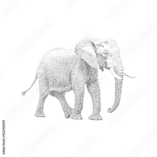 Elephant Dotwork Illustration – Majestic Stippling Ink Drawing of African Wildlife in Black and White