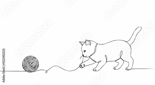 An adorable kitten plays with a ball of yarn, showcasing a minimalist illustration style.