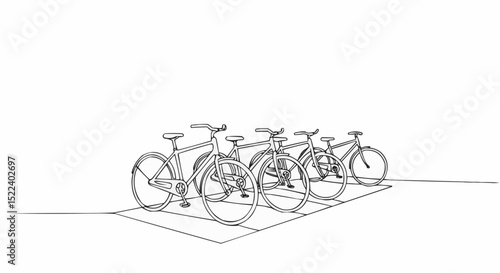 Line drawing of a row of parked bicycles casting shadows on the ground.