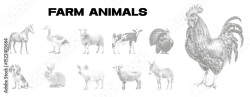 Farm Animals Dotwork Set – Vintage Stipple Illustrations of Domestic Livestock