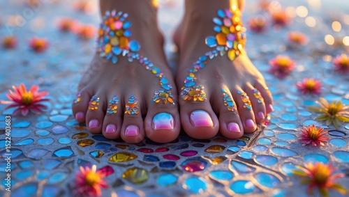 Close-up of adorned feet with colorful gems amidst floral decorations on a mosaic surface