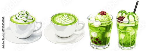 抹茶の飲み物の様々な水彩イラストセット ホットドリンク /  カプチーノ / フラペチーノ / アイスクリーム