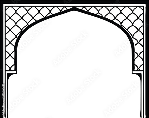 Black and White Illustration of an Intricate Archway with Geometric Lattice Detail