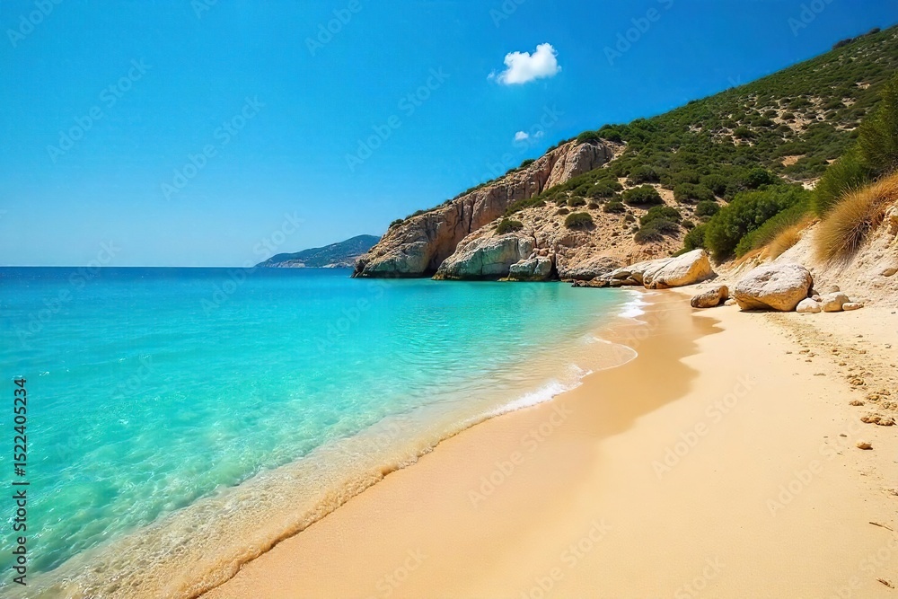 Obraz premium Sun-drenched golden sand meets crystal-clear turquoise waters on a secluded Greek beach Perfect for summer holiday escapes and travel brochures Serenity and natural beauty abound , coast, idyllic