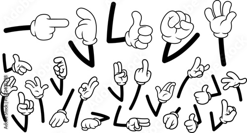 Retro Black And White Cartoon Gloves Hands Collection In Expressive Gestures And Arm Poses – Hand Drawn Collection Set