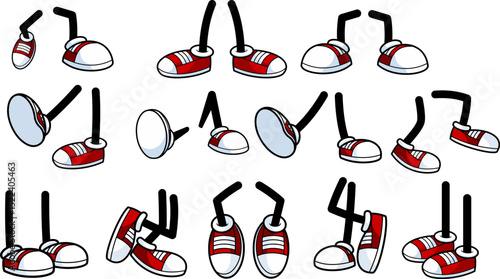 Retro Cartoon Character Legs With Red Sneakers In Dynamic Poses – Vector Hand Drawn Collection Set Isolated On Transparent Background