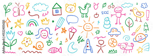 A vivid set of kindergarten chalk elements. Various children's drawings, naive pencil doodles.