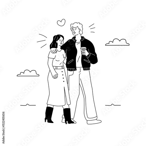 A young couple of students is hugging and happily chatting. A man and a woman are walking together. Linear doodle black and white illustration