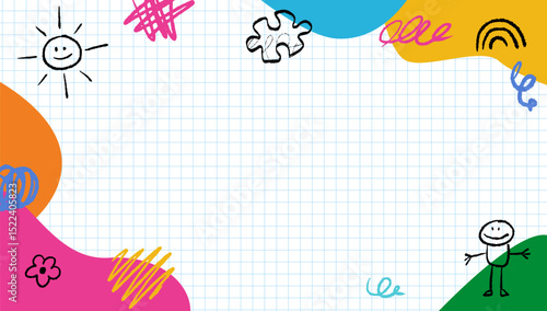 Children's hand-drawn drawings on a colored background, template design with diverse naive sketches, crayons and chalks doodles. Kindergarten and preschool backdrop.