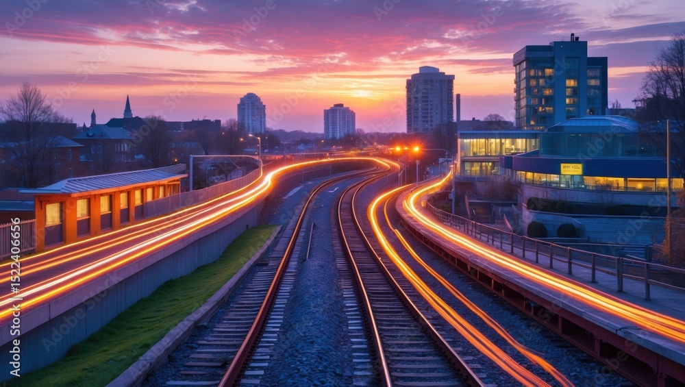 Fototapeta premium Dynamic view of illuminated railway tracks at dusk with vibrant sunset colors and city skyline in the background