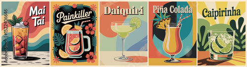 Set of exotic summer cocktail posters in retro Mid Century Modern style featuring Mai Tai, Daiquiri, Piña Colada, Painkiller, and Caipirinha. Perfect for bar, party, and vintage design themes.
