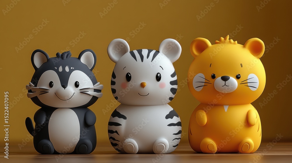 Naklejka premium Playful Cartoon Animal Figures in Yellow Background Cute Characters Adorable Toys Digital Render Childrens Design