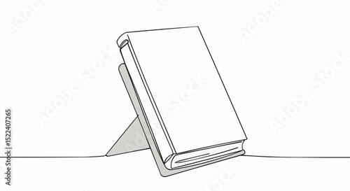 Minimalist drawing of a book on a book stand, presented in clean lines.