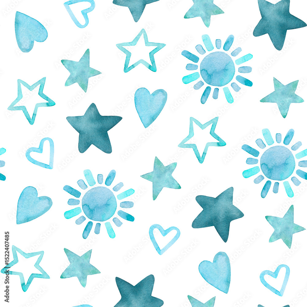 Obraz premium Watercolor Blue Rainbow Seamless Pattern, Hand Painted Blue Rainbow Scrapbooking Paper Background, Baby Boy Shower Nursery Decor