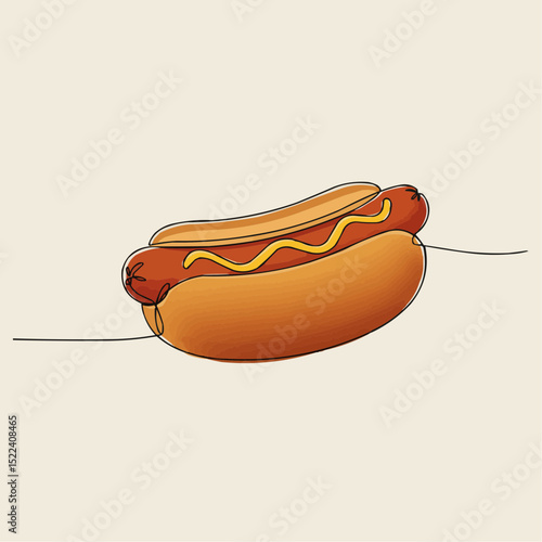 A single-line illustration of a hotdog. A simple, delicious design, the hotdog is a staple in American cuisine. 