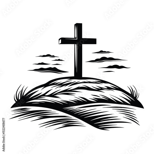 Isolated Black Cross Silhouette on Hill with Clouds, Religious Symbol, Minimalist Design