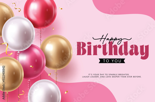 Elegant balloon birthday card clipart design in pink abstract background. Stylish birthday greeting with metallic white, red, gold balloons and confetti vector illustration.