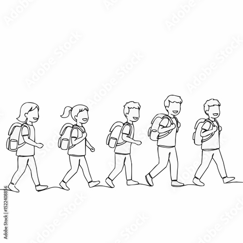 Illustration of children walking with backpack in sketch line.