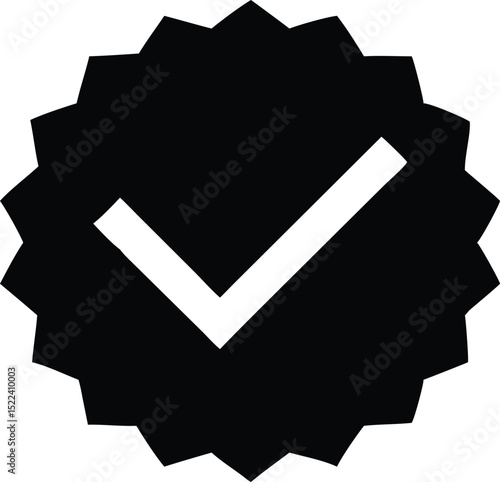 Black Serrated Verification Badge with White Check Mark on White Background Simple