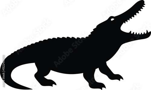 Black Silhouette Illustration An Alligator with an Open Mouth Standing on a White Background