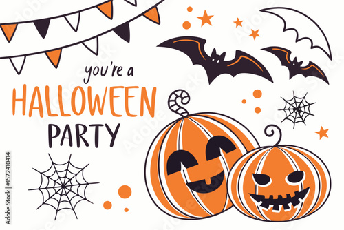 Festive halloween party illustration featuring smiling pumpkins bats spiderwebs and bunting for holiday season