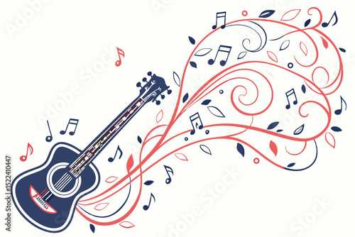 Musical acoustic guitar surrounded by swirls and musical notes in an elegant vector illustration
