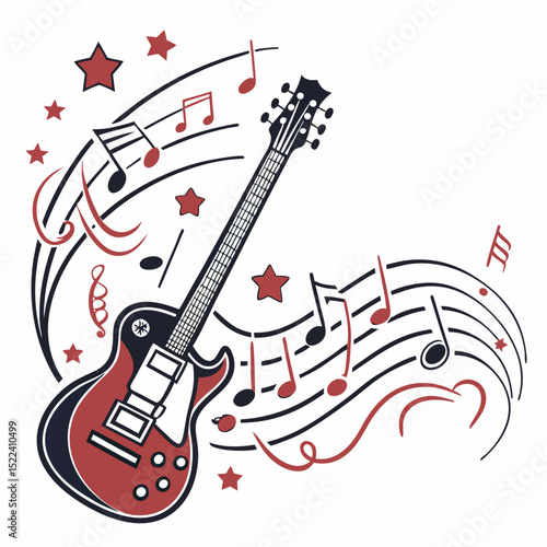 Vector illustration of a red and black electric guitar with musical notes on a white background
