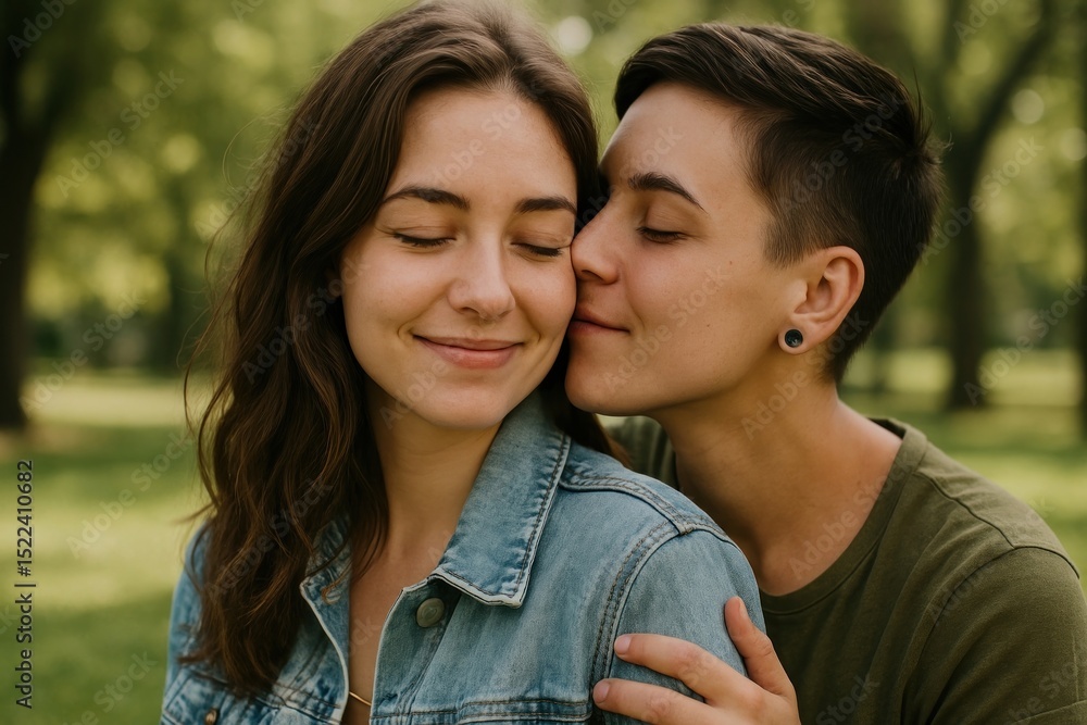 Couple embracing in serene park. Couple embracing in serene park.