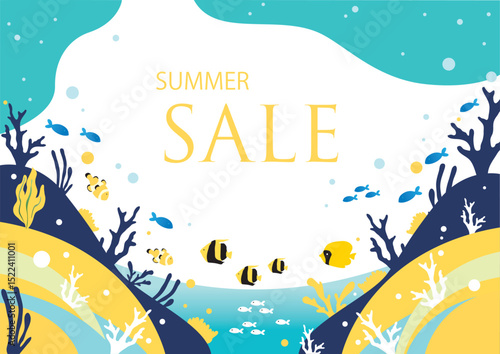 魚がたくさん泳いでいる夏の海の背景イラスト