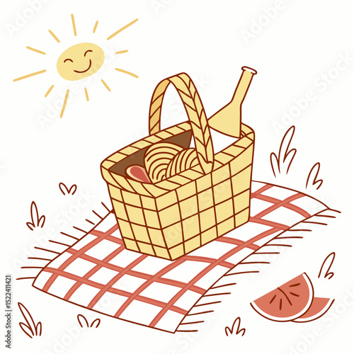 Adorable picnic illustration featuring a smiling sun a wicker basket with snacks and a red checkered blanket on a sunny day