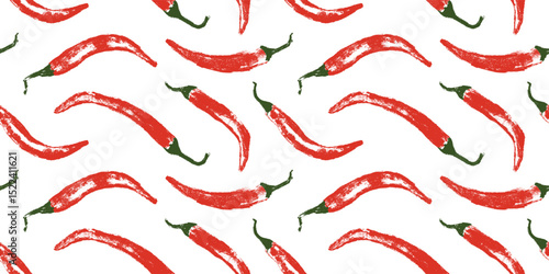 Vector seamless hand drawn chili pepper pattern. Spicy print for fabric, food packaging, kitchen textiles, and branding. Handmade style with textured brush effect.