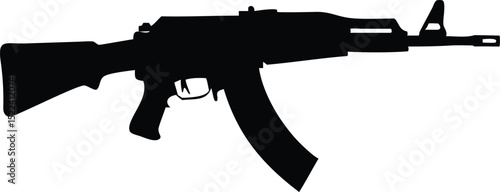 Black Silhouette of AK47 Assault Rifle with Curved Magazine on White Background, Stock Visible