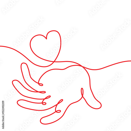 手とハートのシンプルなラインアート　D　赤