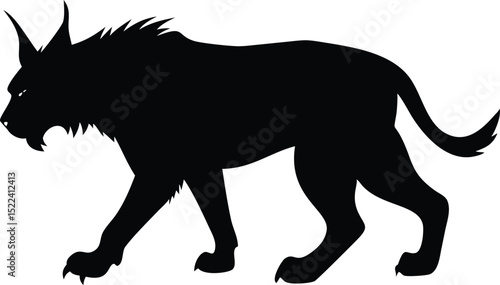 Black Silhouette of an Angry Bobcat Walking with Curled Tail on White Background