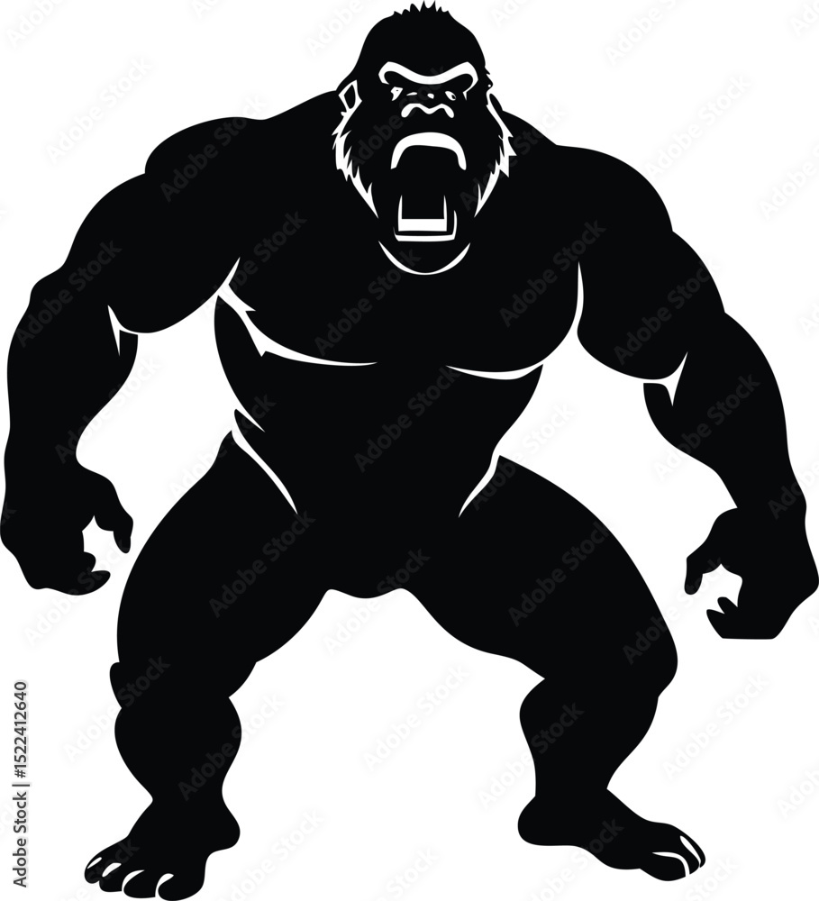 Fototapeta premium Black Silhouette of an Angry Gorilla with Open Mouth and Exaggerated Muscles