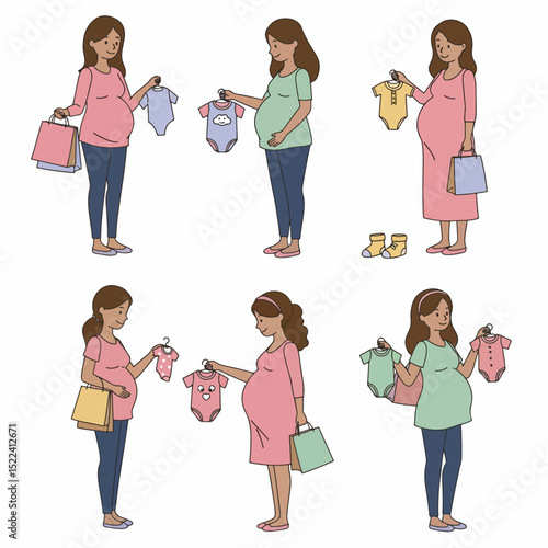 Pregnant women shopping baby clothes concept