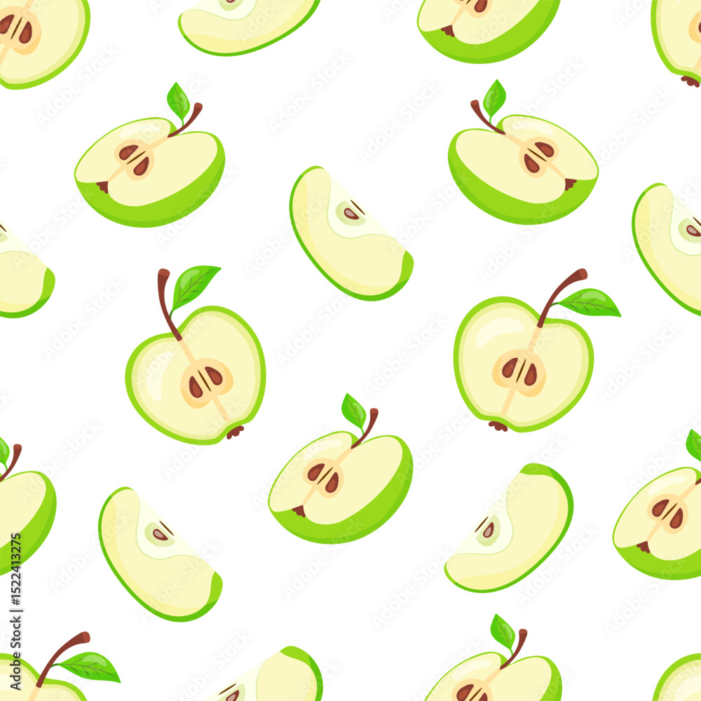 Green apple pattern fruits, slices and quarters. Hand drawn vector illustration Green apple pattern fruits, slices and quarters. Hand drawn vector illustration