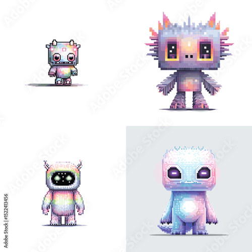 Cute pastel pixel art monsters with glowing eyes and unique features. Perfect for game sprites, NFT assets, and adorable character design projects.


