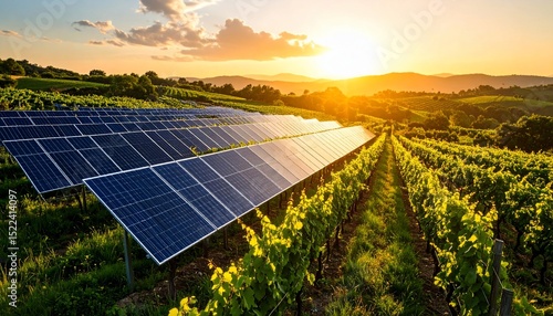 Sunset over Solar Panels in Vineyard